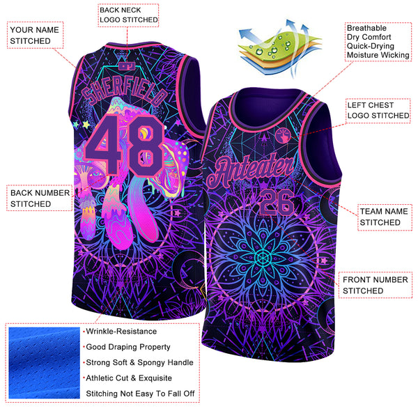 Custom Purple Pink 3D Pattern Design Magic Mushrooms Over Sacred Geometry Psychedelic Hallucination Authentic Basketball Jersey