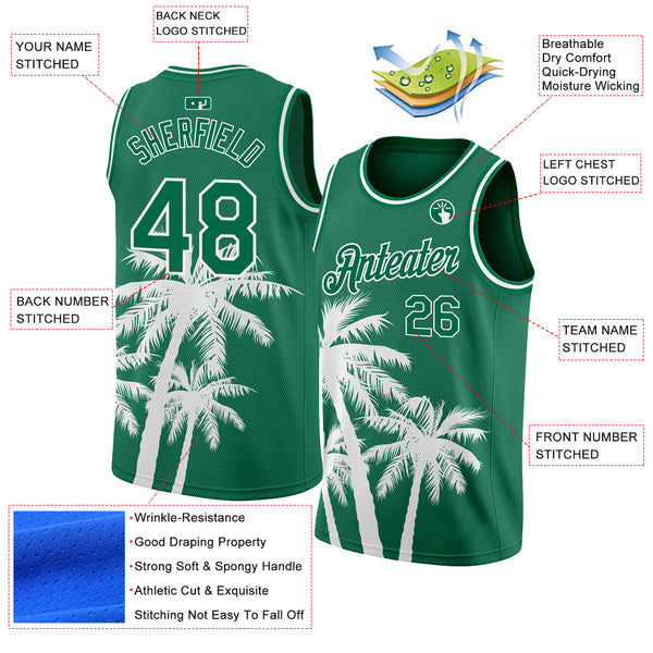 Custom Kelly Green White 3D Pattern Tropical Hawaii Coconut Trees Authentic Basketball Jersey
