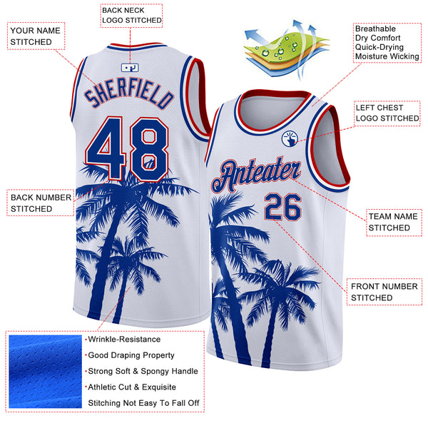 Custom White Royal-Red 3D Pattern Tropical Hawaii Coconut Trees Authentic Basketball Jersey