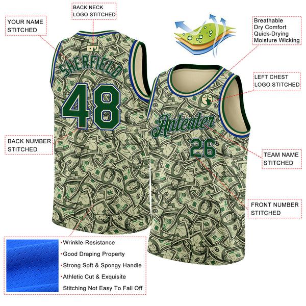 Custom Cream Green-Royal 3D Pattern Design Dollar Authentic Basketball Jersey