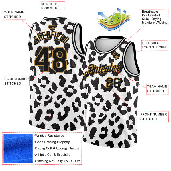 Custom White Black-Old Gold 3D Pattern Design Leopard Print Authentic Basketball Jersey