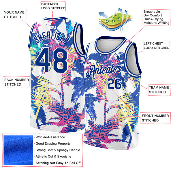Custom White Royal 3D Pattern Tropical Hawaii Palm Trees Authentic Basketball Jersey
