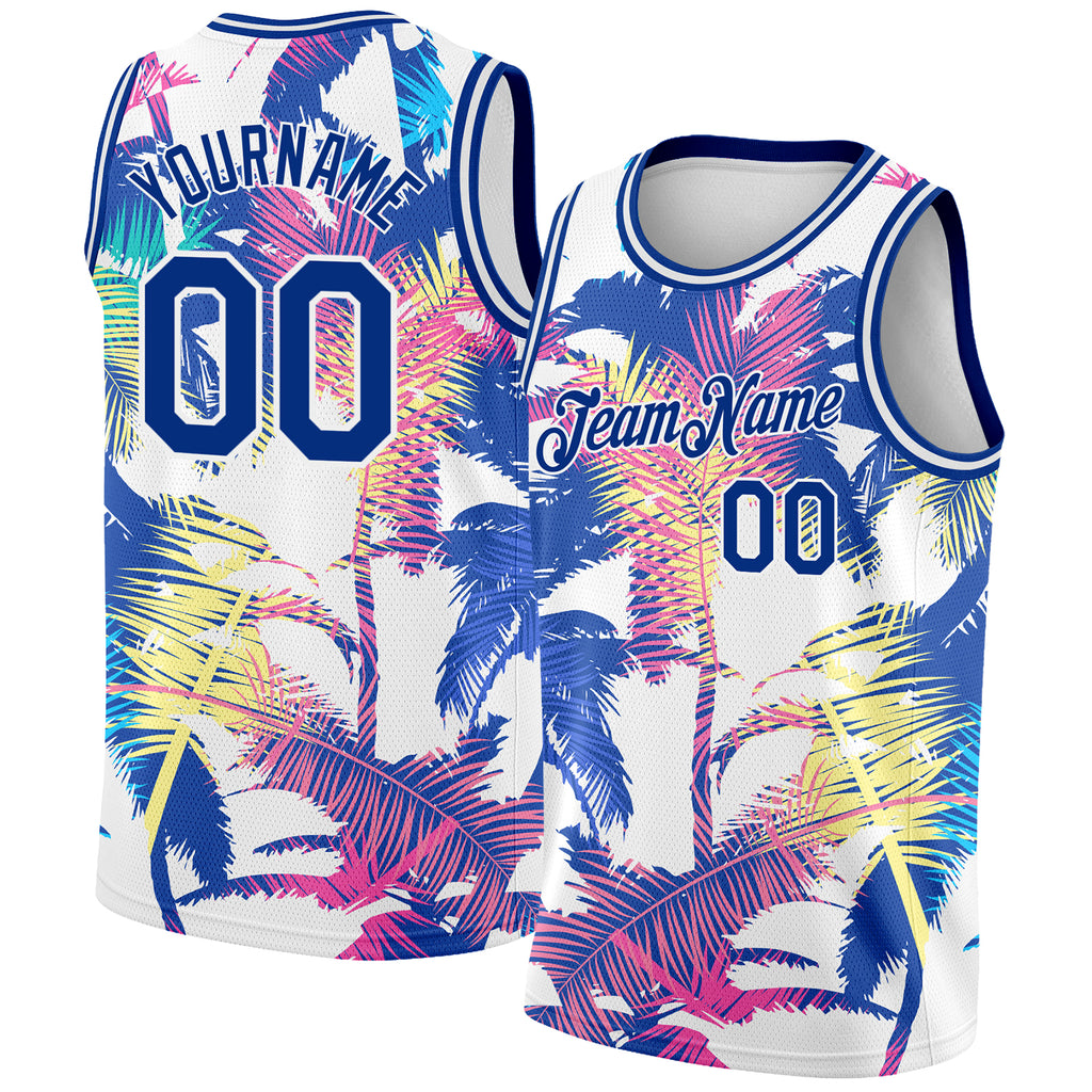 Custom White Royal 3D Pattern Tropical Hawaii Palm Trees Authentic Basketball Jersey