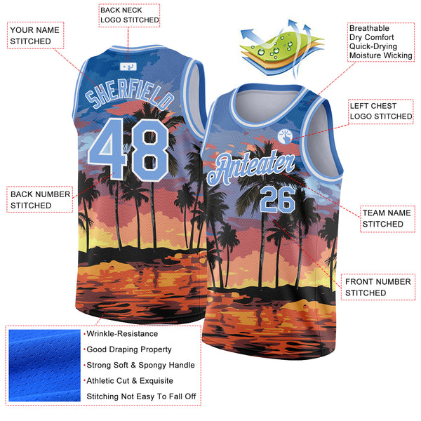 Custom Light Blue White 3D Pattern Tropical Hawaii Palm Trees Authentic Basketball Jersey