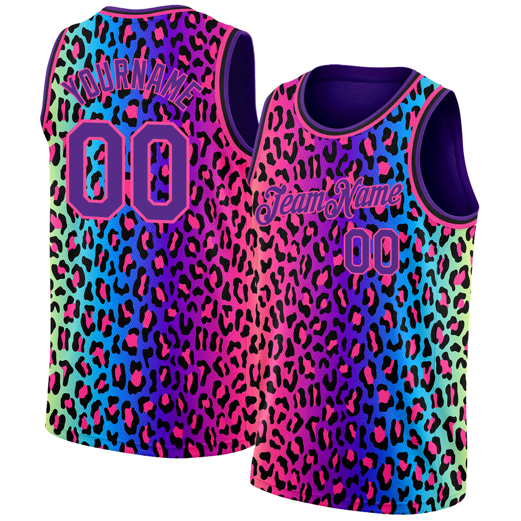 Custom Purple Pink-Black 3D Pattern Design Leopard Print Authentic Basketball Jersey