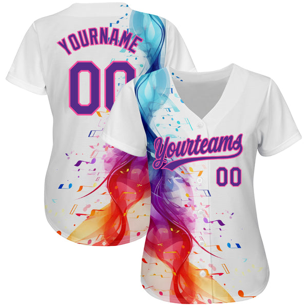 Custom White Purple-Pink 3D Pattern Design Music Festival Colorful Musical Notes Authentic Baseball Jersey