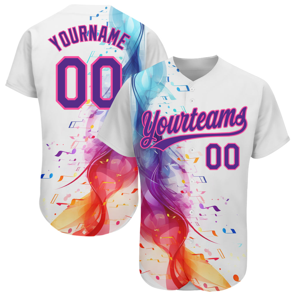 Custom White Purple-Pink 3D Pattern Design Music Festival Colorful Musical Notes Authentic Baseball Jersey