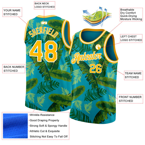 Custom Teal Gold-White 3D Pattern Tropical Hawaii Leaves Authentic Basketball Jersey