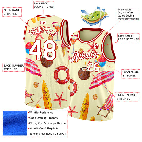 Custom Cream White-Red 3D Pattern Tropical Hawaii Beach Authentic Basketball Jersey