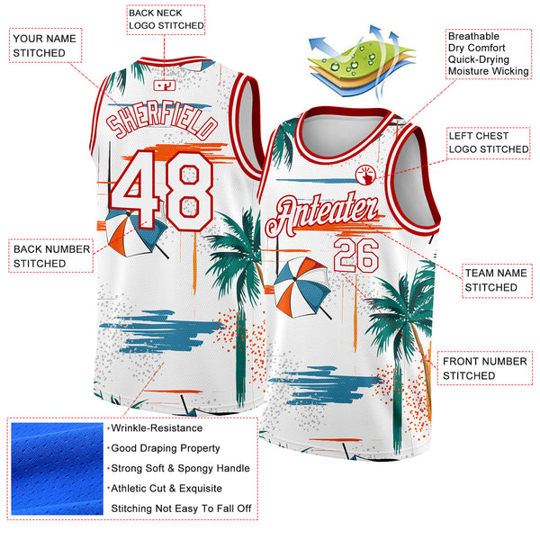 Custom White Red 3D Pattern Tropical Beach Hawaii Palm Trees Authentic Basketball Jersey