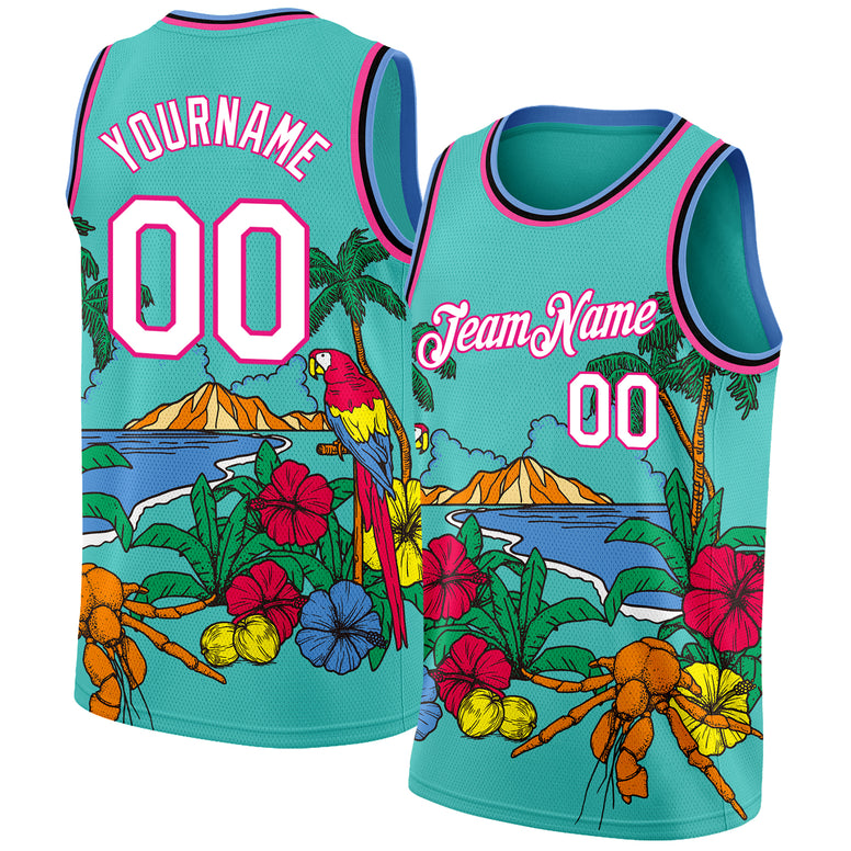 Custom Aqua Pink Light Blue-Black 3D Pattern Tropical Beach Hawaii Palm Trees Authentic Basketball Jersey