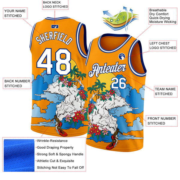 Custom Bay Orange White Navy-Royal 3D Pattern Tropical Beach Hawaii Palm Trees Authentic Basketball Jersey