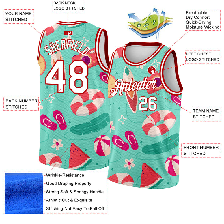 Custom Aqua White-Red 3D Pattern Tropical Hawaii Beach Authentic Basketball Jersey