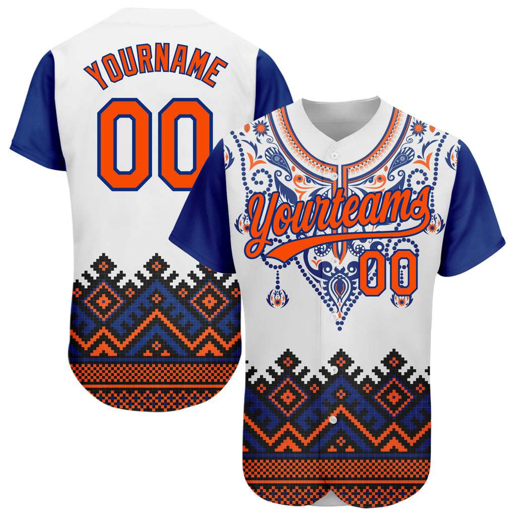 Custom White Orange-Royal 3D Pattern Design Traditional African Ethnic Style Authentic Baseball Jersey