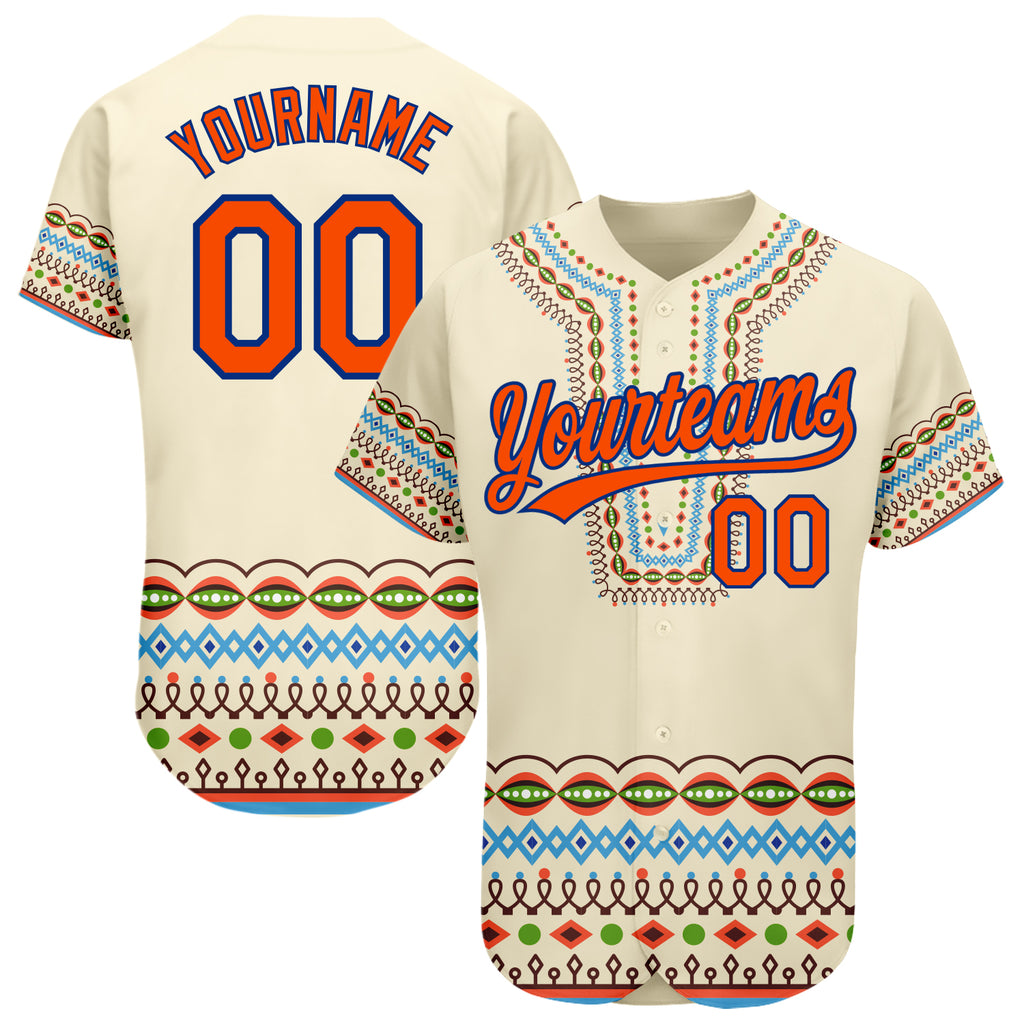 Custom Cream Orange-Royal 3D Pattern Design Traditional African Ethnic Style Authentic Baseball Jersey