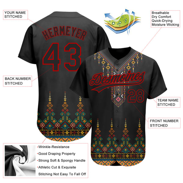 Custom Black Red 3D Pattern Design Traditional African Ethnic Style Authentic Baseball Jersey