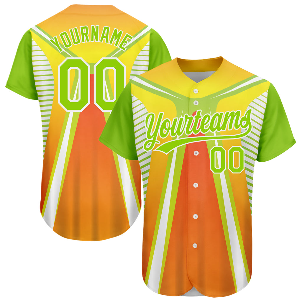 Custom Orange Neon Green-White 3D Pattern Design Abstract Sport Authentic Baseball Jersey