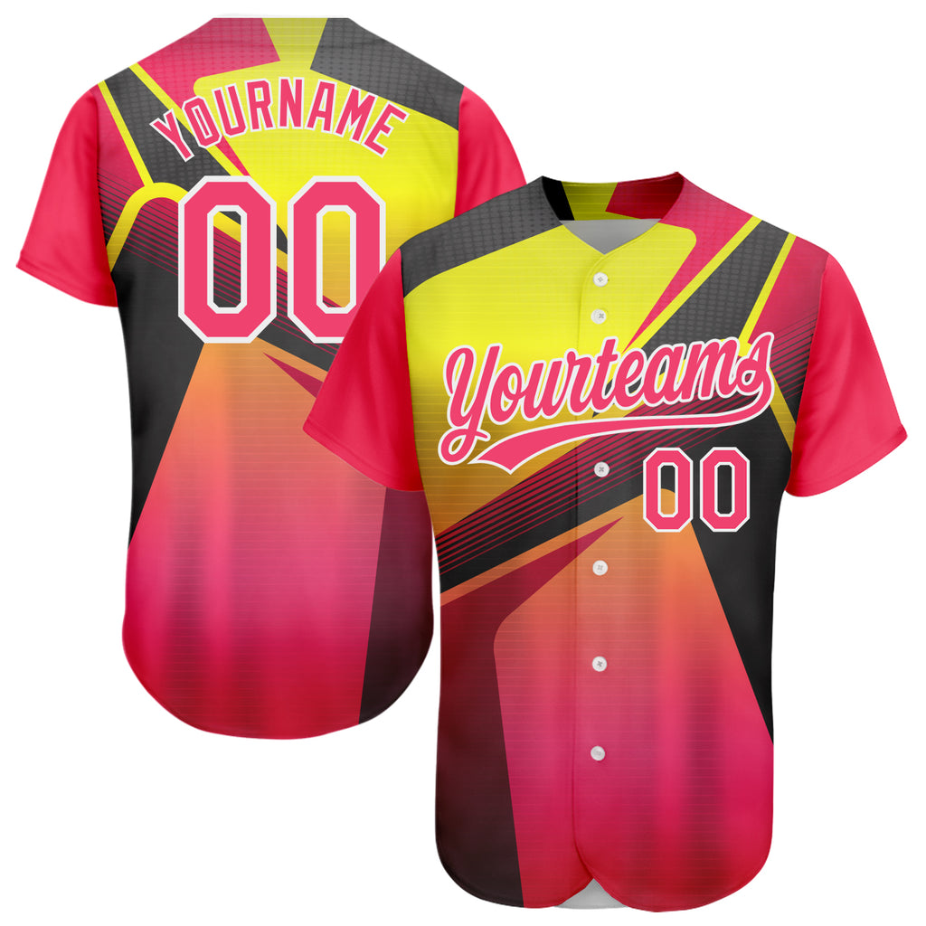 Custom Neon Pink Neon Yellow-White 3D Pattern Design Abstract Sport Authentic Baseball Jersey