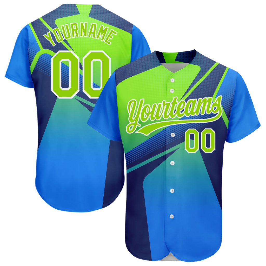 Custom Royal Neon Green-White 3D Pattern Design Abstract Sport Authentic Baseball Jersey