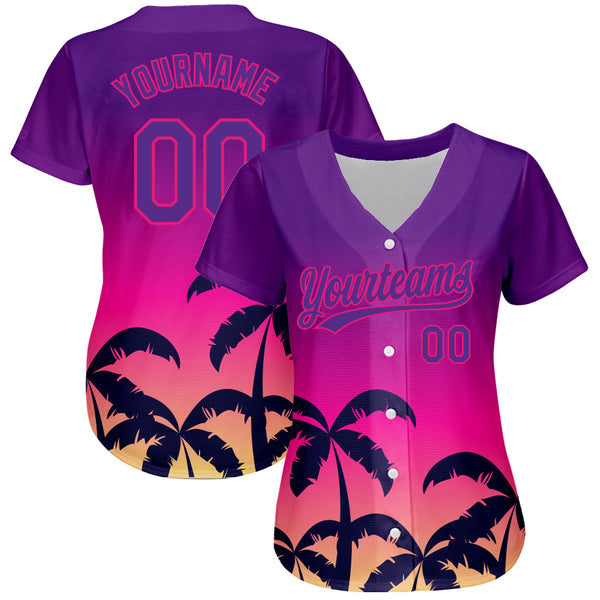 Custom Purple Hot Pink 3D Pattern Design Hawaii Palm Trees Authentic Baseball Jersey