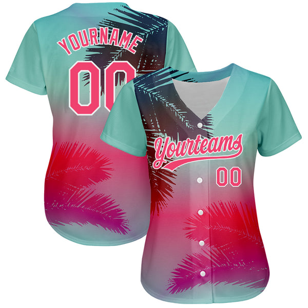Custom Aqua Neon Pink-White 3D Pattern Design Hawaii Palm Leaves Authentic Baseball Jersey