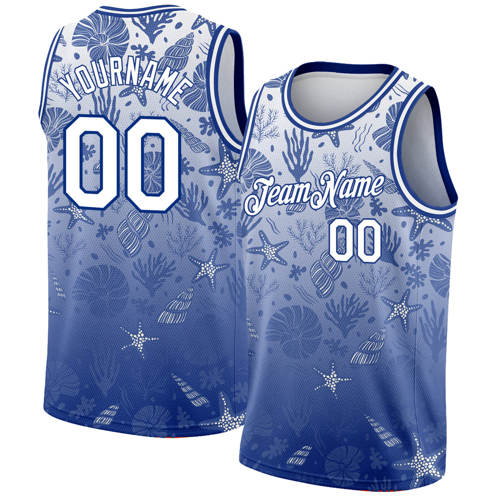 Custom Royal White 3D Pattern Design Seashells And Starfishes Authentic Basketball Jersey