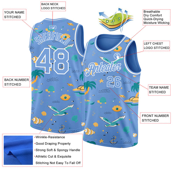 Custom Light Blue White 3D Pattern Hawaii Beach Palm Trees Authentic Basketball Jersey