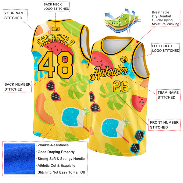 Custom Gold Black 3D Pattern Summer Hawaii Beach Holiday Authentic Basketball Jersey