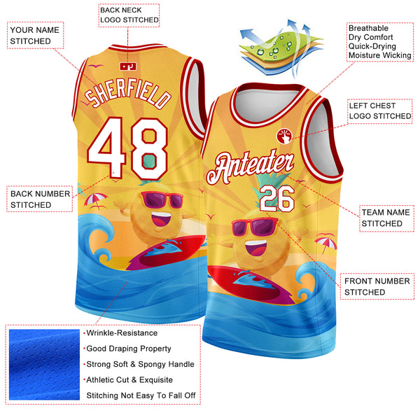 Custom Gold White-Red 3D Pattern Summer Beach Surfing Authentic Basketball Jersey