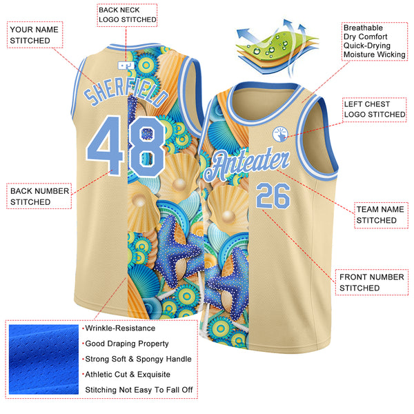 Custom City Cream Light Blue-White 3D Pattern Beach Seashells And Starfishes Authentic Basketball Jersey
