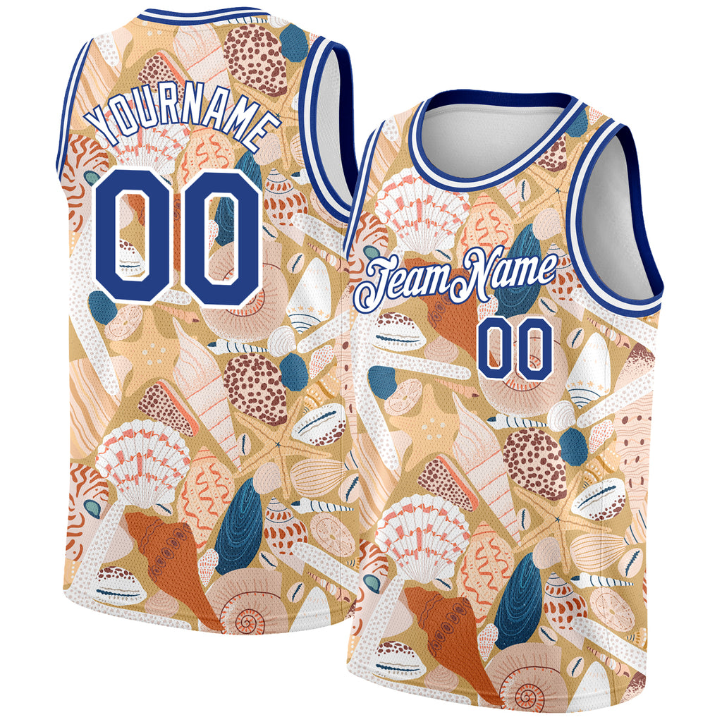 Custom City Cream Royal-White 3D Pattern Beach Seashells And Starfishes Authentic Basketball Jersey