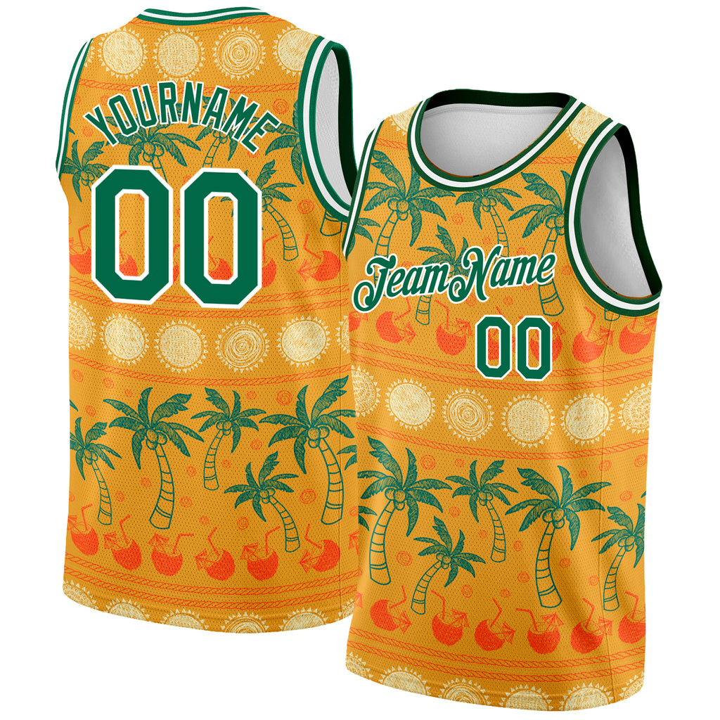 Custom Bay Orange Kelly Green-White 3D Pattern Hawaii Beach Palm Trees Authentic Basketball Jersey