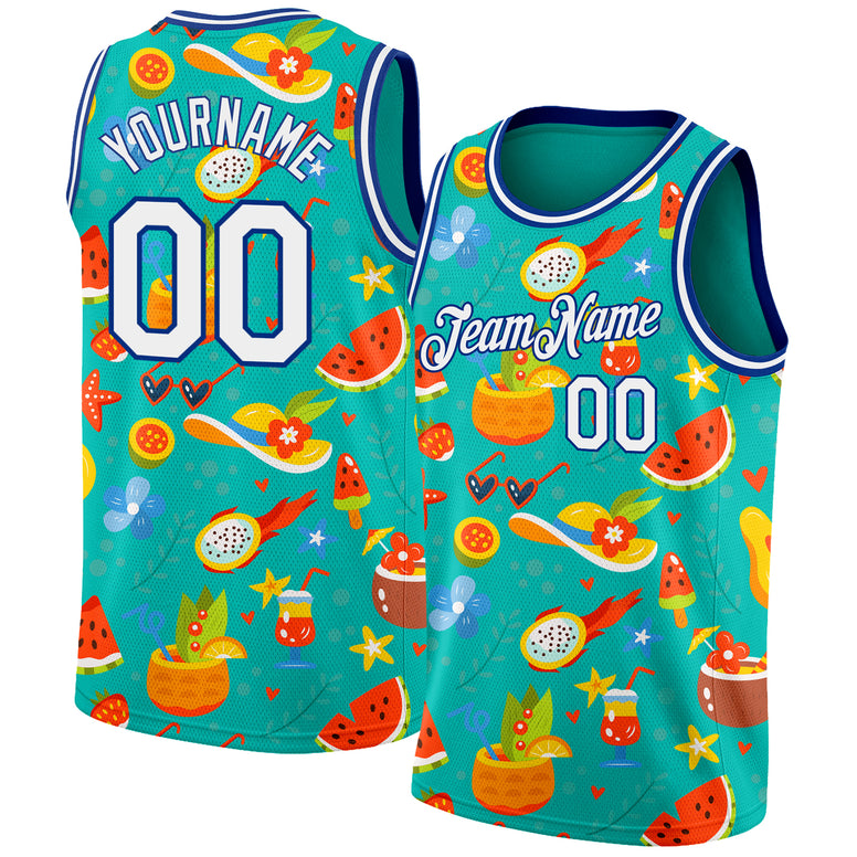 Custom Aqua White-Royal 3D Pattern Summer Hawaii Beach Holiday Authentic Basketball Jersey