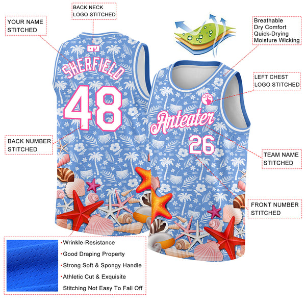 Custom Light Blue White-Pink 3D Pattern Hawaii Palm Trees And Starfishes Authentic Basketball Jersey