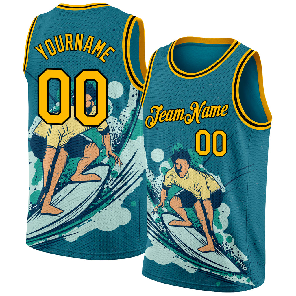 Custom Teal Gold-Black 3D Pattern Beach Surfing Authentic Basketball Jersey