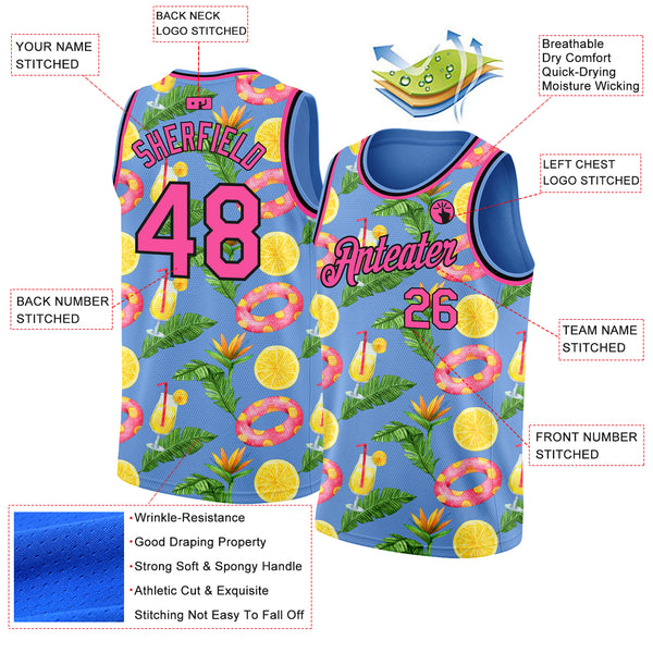 Custom Light Blue Pink-Black 3D Pattern Summer Hawaii Beach Holiday Authentic Basketball Jersey