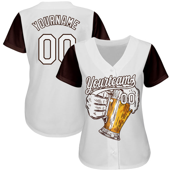 Custom White Brown 3D Pattern Design Beer Festival Authentic Baseball Jersey