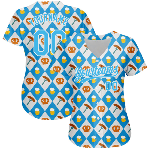 Custom White Sky Blue 3D Pattern Design Beer Festival Authentic Baseball Jersey