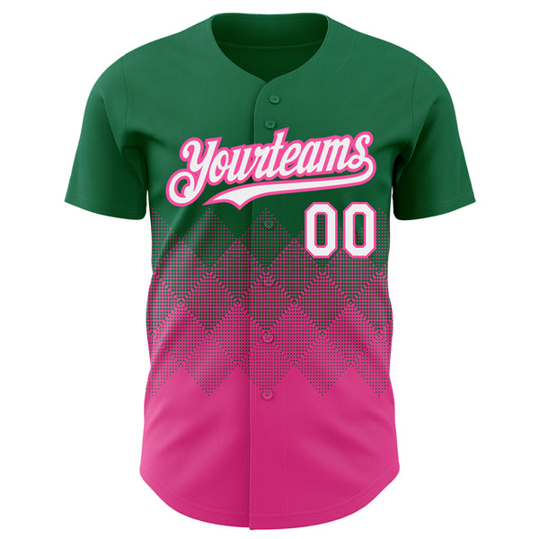 Custom Kelly Green White-Pink 3D Pattern Design Gradient Square Shapes Authentic Baseball Jersey