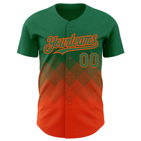 Custom Kelly Green Orange 3D Pattern Design Gradient Square Shapes Authentic Baseball Jersey