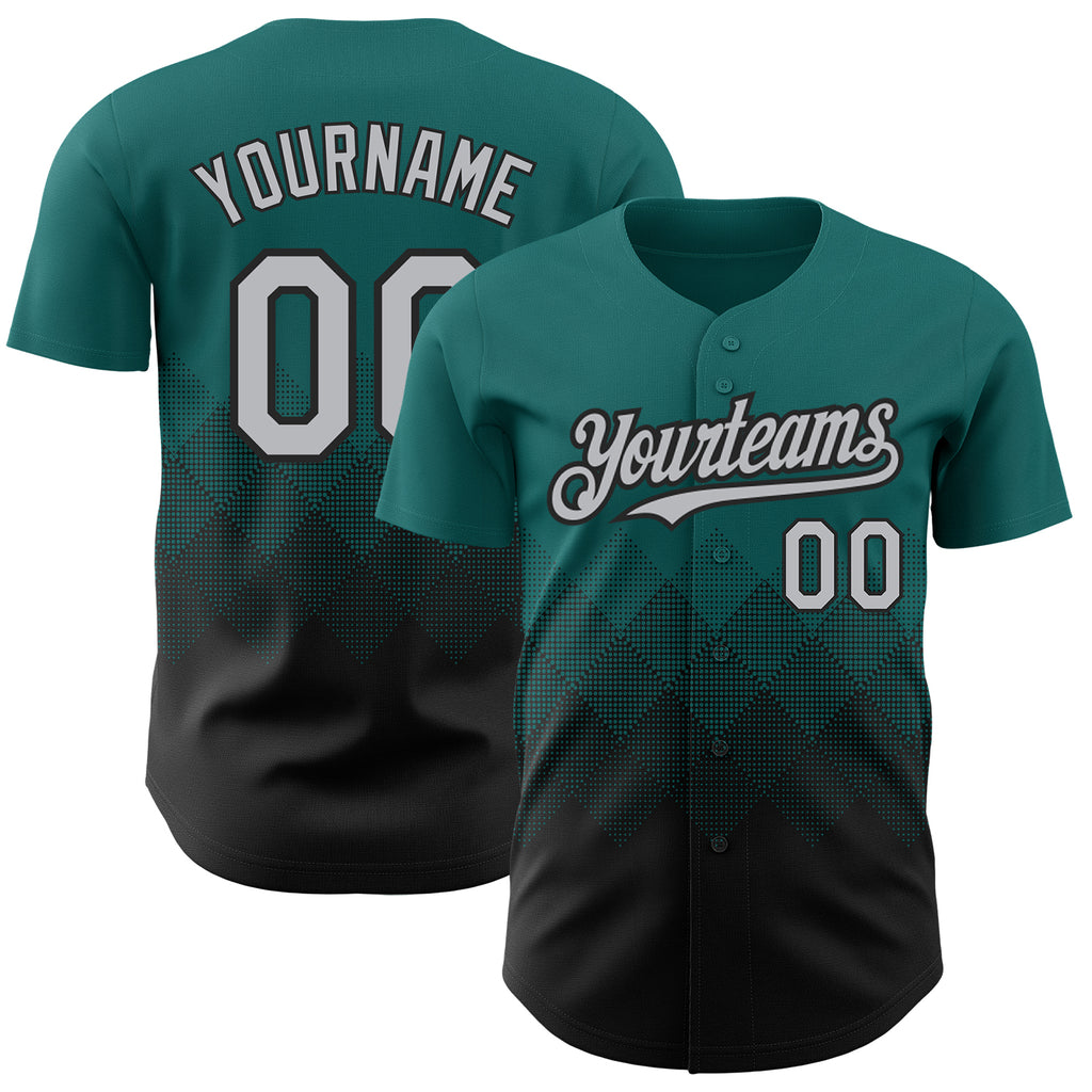 Custom Teal Gray-Black 3D Pattern Design Gradient Square Shapes Authentic Baseball Jersey