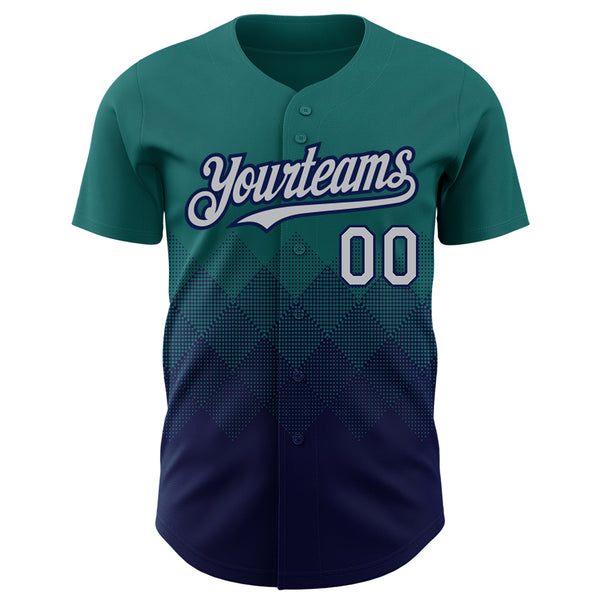 Custom Teal Gray-Navy 3D Pattern Design Gradient Square Shapes Authentic Baseball Jersey