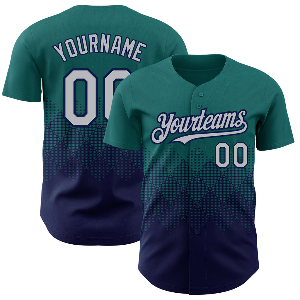 Custom Teal Gray-Navy 3D Pattern Design Gradient Square Shapes Authentic Baseball Jersey