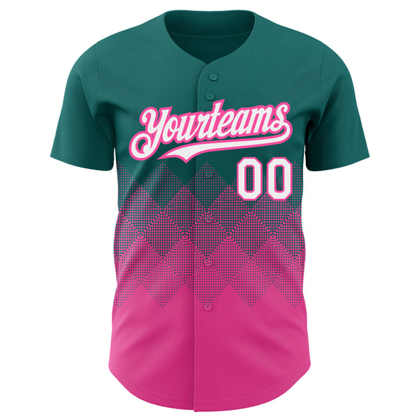 Custom Teal White-Pink 3D Pattern Design Gradient Square Shapes Authentic Baseball Jersey