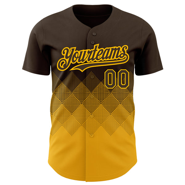Custom Brown Gold 3D Pattern Design Gradient Square Shapes Authentic Baseball Jersey