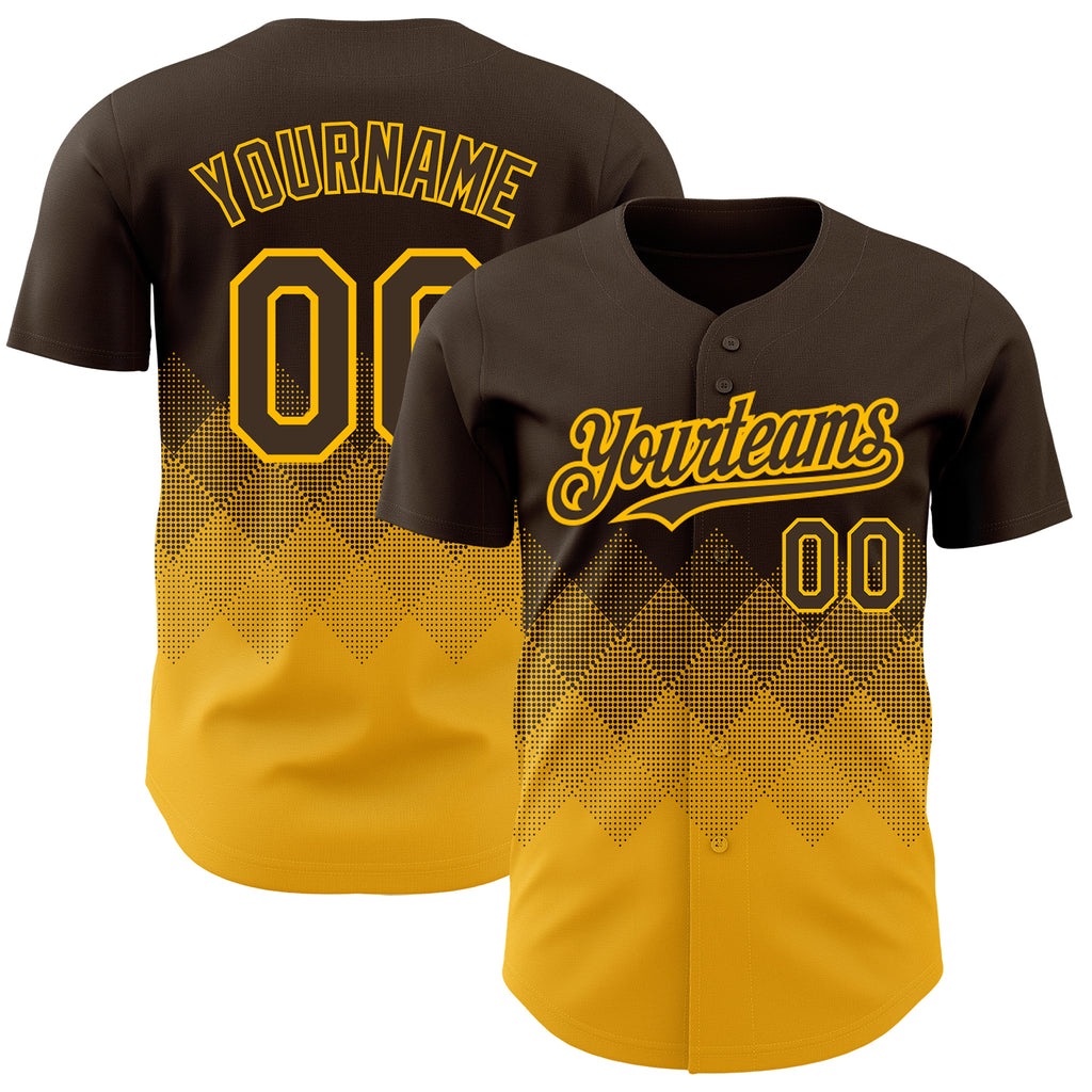 Custom Brown Gold 3D Pattern Design Gradient Square Shapes Authentic Baseball Jersey