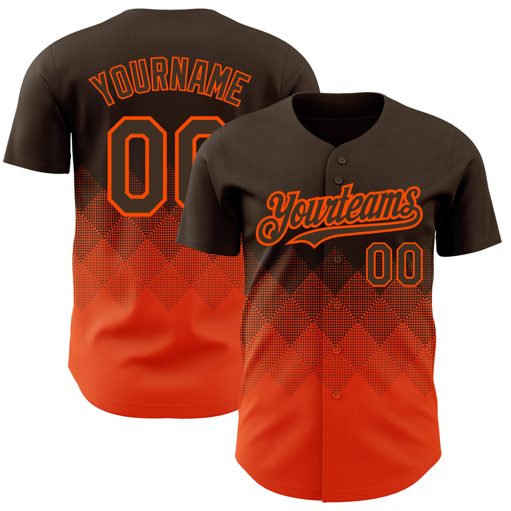 Custom Brown Orange 3D Pattern Design Gradient Square Shapes Authentic Baseball Jersey