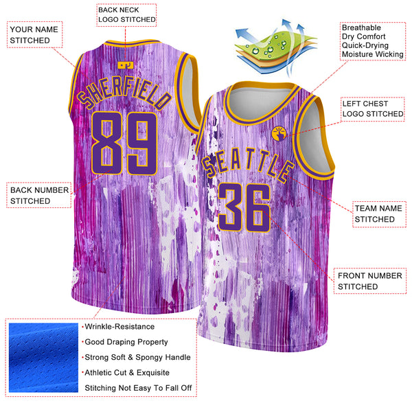 Custom Purple Gold 3D Pattern Design Abstract Liquid Watercolor Style Authentic Basketball Jersey