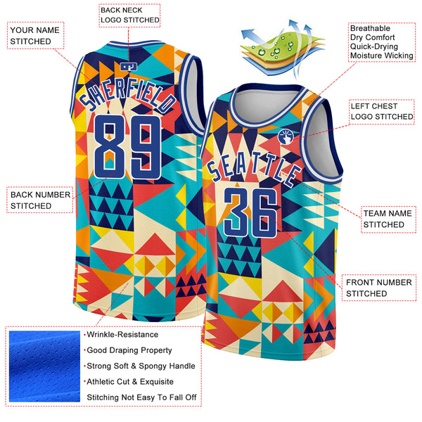 Custom Aqua Royal-White 3D Pattern Design Geometric Shapes Authentic Basketball Jersey
