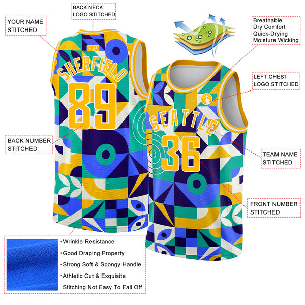 Custom Royal Gold-White 3D Pattern Design Abstract Geometric Shapes Authentic Basketball Jersey